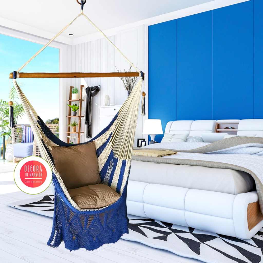 Silla colgante azul con blanco borde lujo